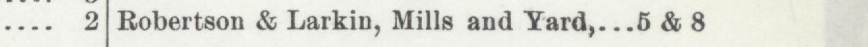 The line reading Robertson & Larkin, Mills and Yard,5 & 8 in the 1903 atlas index