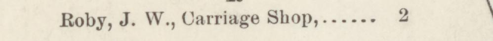 The line reading Roby, J. W., Carriage Shop in the 1892 atlas index