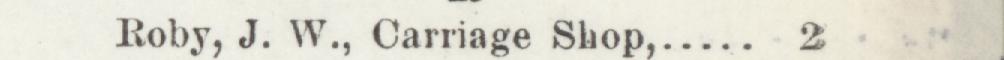 The index line reading Roby, J. W., Carriage Shop in the 1897 atlas