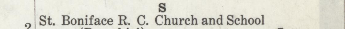 The line reading St. Boniface R. C. Church and. School in the 1920 atlas index