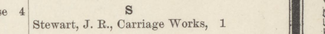 The line reading Stewart, J. R., Carriage Works in the 1884 atlas index