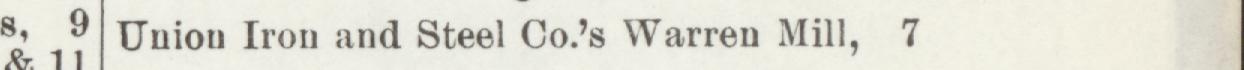 The line reading Uniou Iron and Steel Cos Warren Mill in the 1898 atlas index