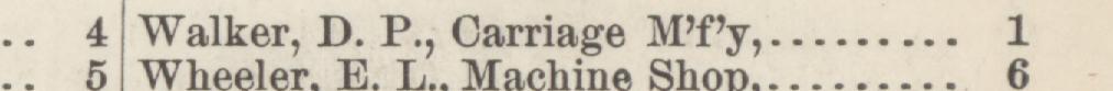 The line reading Walker, D. P., Carriage MPy in the 1885 atlas index