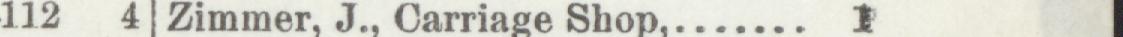 The line reading Zimmer, J Carriage Shop in the 1896 atlas index