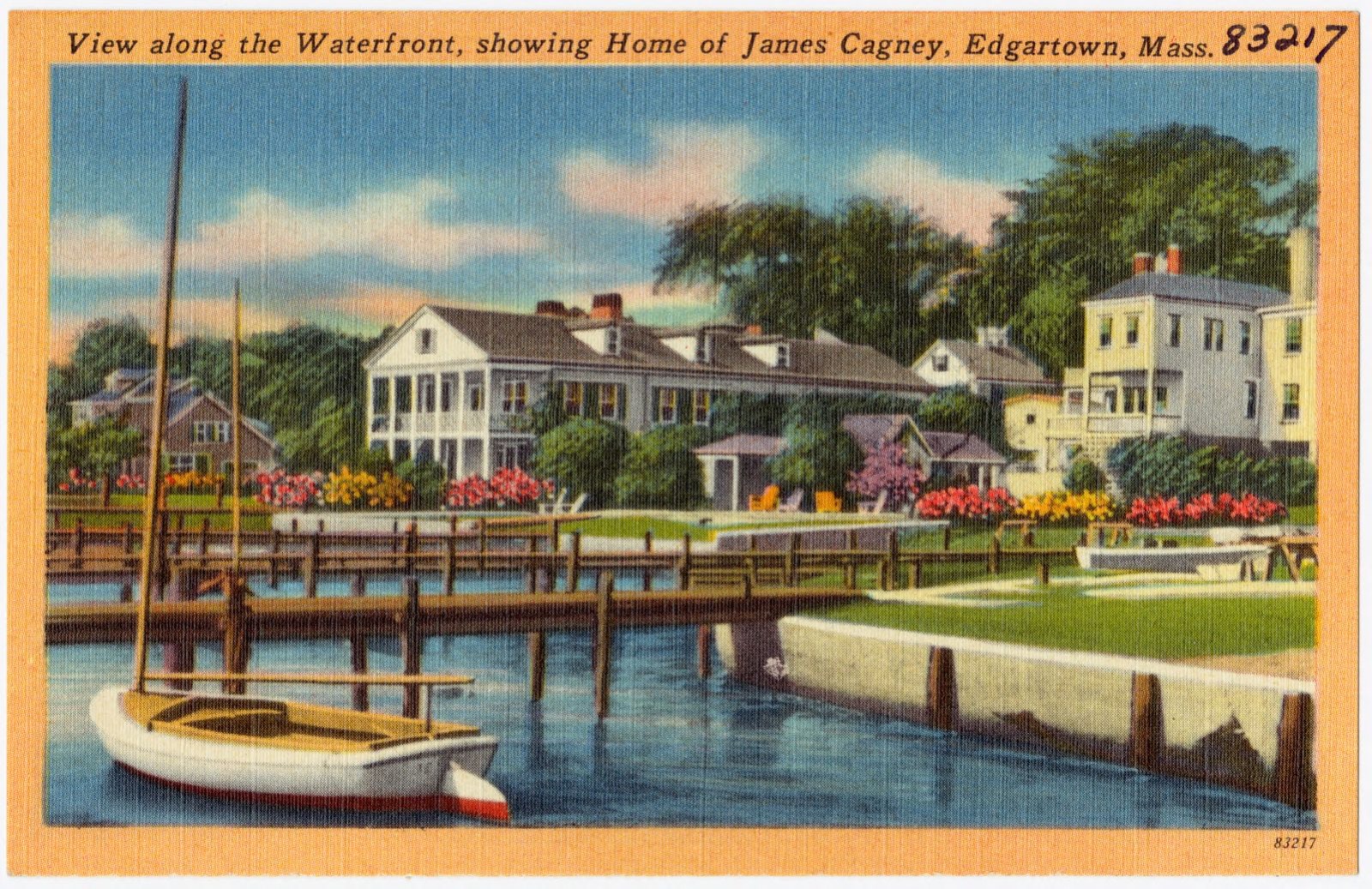 View along the Waterfront, showing home of James Cagney, Edgartown, Mass., Boston Public Library - undated
