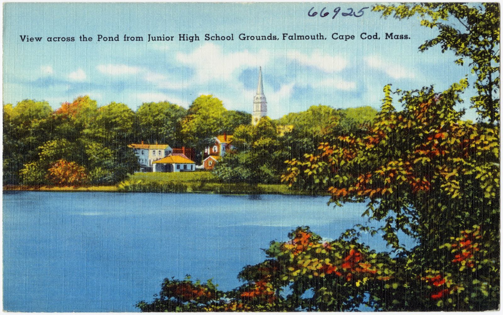 View across the pond from Junior High School grounds, Falmouth, Cape Cod, Mass., Boston Public Library - undated