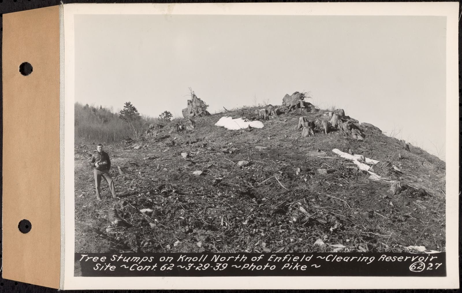 Contract No. 62, Clearing Lower Middle and East Branches, Quabbin Reservoir, Ware, New Salem, Petersham and Hardwick, tree stumps on knoll north of Enfield, Enfield and Ware, Mass., Mar. 29, 1939, Massachusetts Archives - undated
