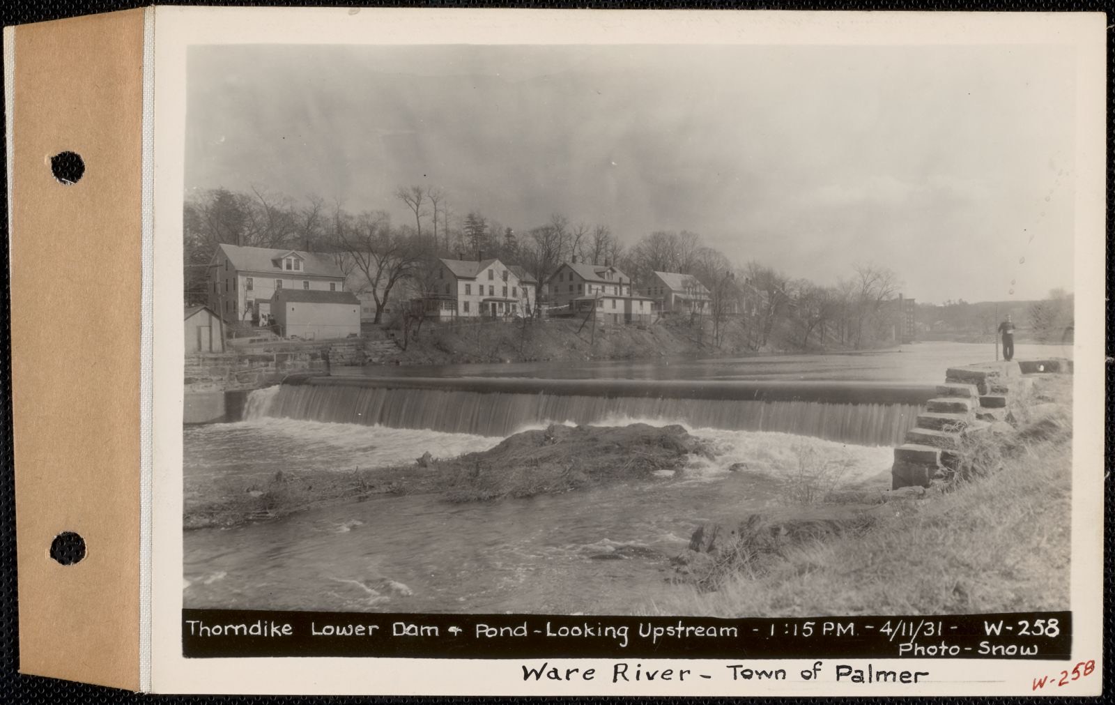 Thorndike Lower Dam and pond, looking upstream, Ware River, Palmer, Mass., 1:15 PM, Apr. 11, 1931, Massachusetts Archives - undated