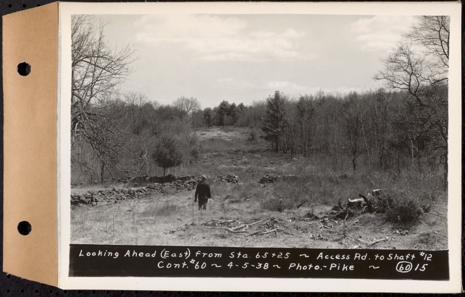Contract No. 60, Access Roads to Shaft 12, Quabbin Aqueduct, Hardwick and Greenwich, looking ahead (east) from Sta. 65+25, Greenwich and Hardwick, Mass., Apr. 5, 1938, Massachusetts Archives - undated