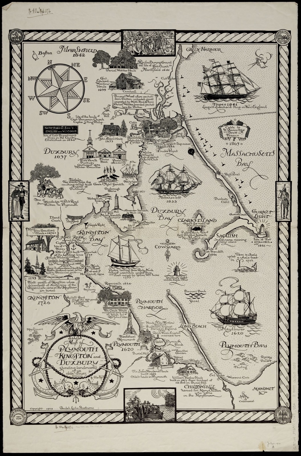 Map of Plymouth, Kingston and Duxbury shewing landmarks of ye olde dayes, Boston Public Library - undated
