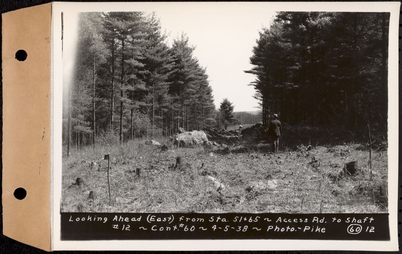 Contract No. 60, Access Roads to Shaft 12, Quabbin Aqueduct, Hardwick and Greenwich, looking ahead (east) from Sta. 51+65, Greenwich and Hardwick, Mass., Apr. 5, 1938, Massachusetts Archives - undated