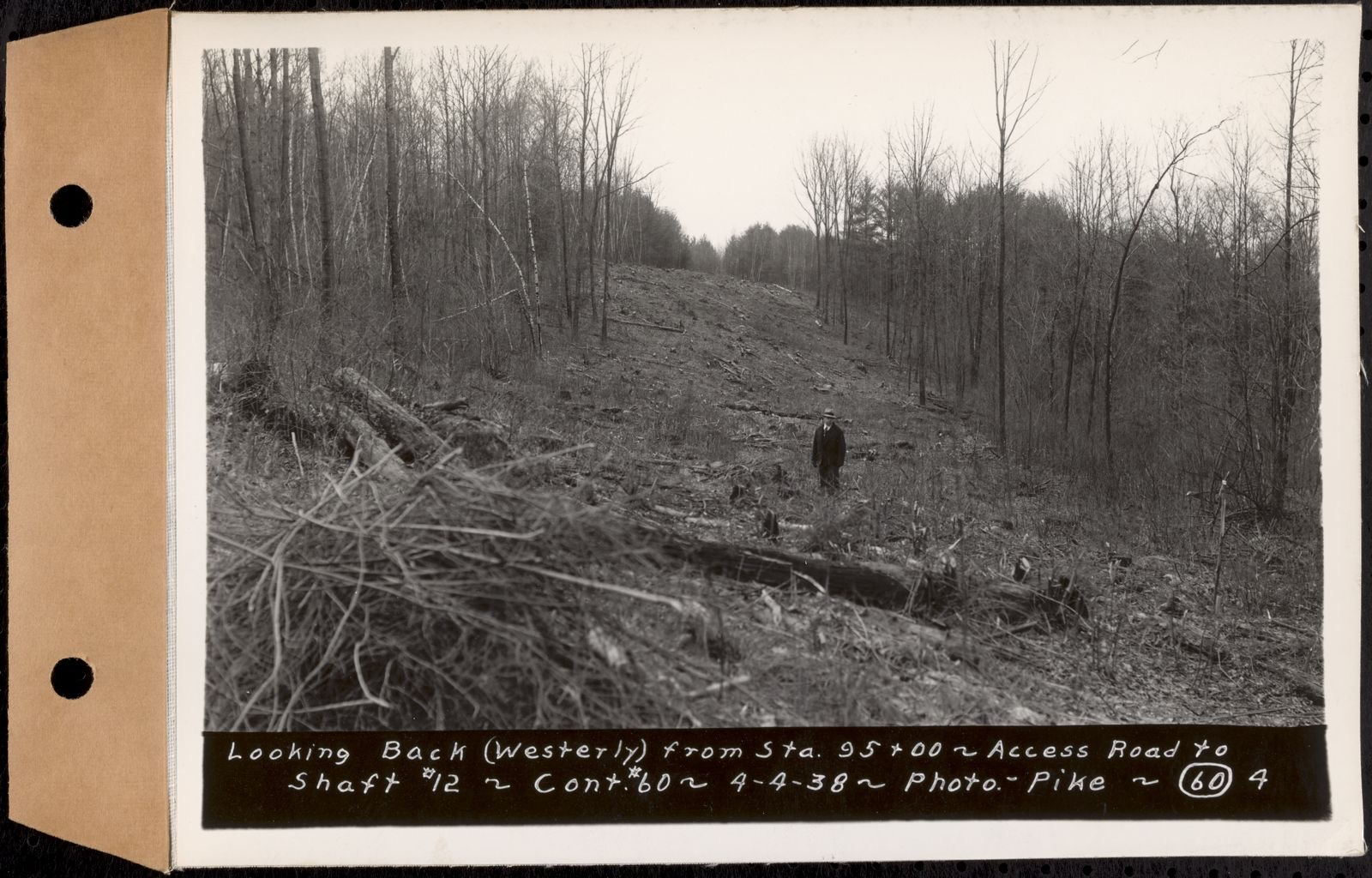 Contract No. 60, Access Roads to Shaft 12, Quabbin Aqueduct, Hardwick and Greenwich, looking back (westerly) from Sta. 95+00, Greenwich and Hardwick, Mass., Apr. 4, 1938, Massachusetts Archives - undated