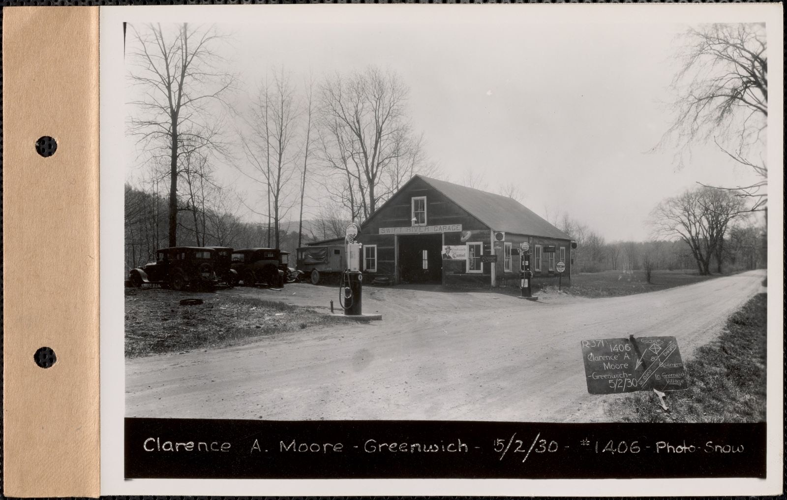 Clarence A. Moore, garage ("Swift River Garage"), Greenwich Village, Greenwich, Mass., May 2, 1930 Parcel no. 351-21, Clarence A. Moore, Massachusetts Archives - undated