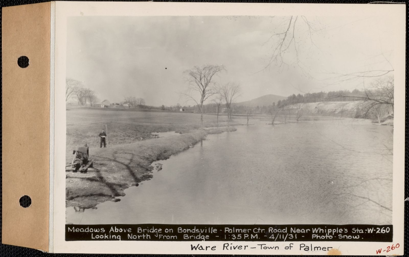 Meadows above bridge on Bondsville-Palmer Center Road, near Whipples Station, looking north from bridge, Ware River, Palmer, Mass., 1:35 PM, Apr. 11, 1931, Massachusetts Archives - undated