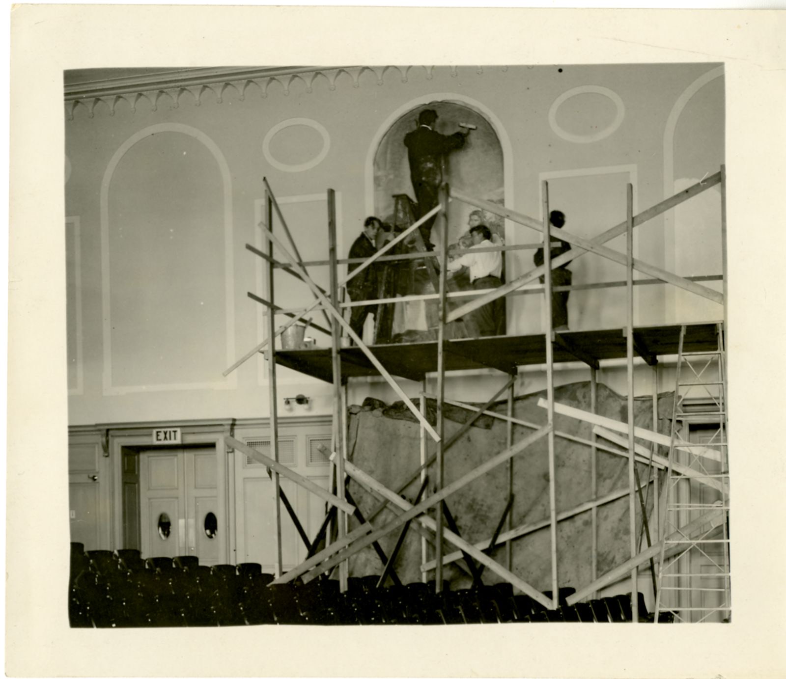 Placement of the murals into the Horace Mann Bridgewater Normal School Auditorium, Massachusetts College of Art and Design - undated
