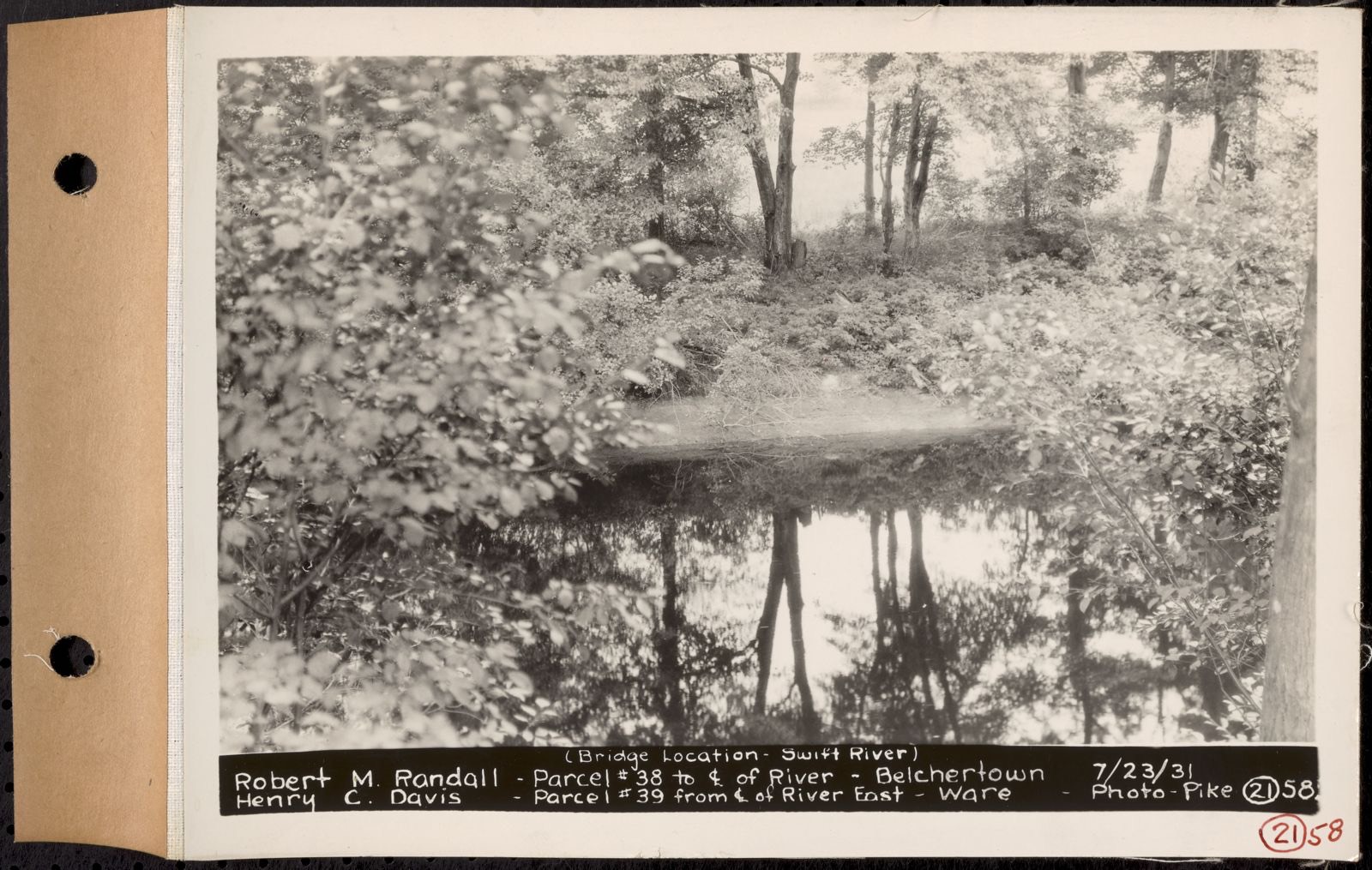 Contract No. 21, Portion of Ware-Belchertown Highway, Ware and Belchertown, land of Robert M. Randall and land of Henry C. Davis (bridge location, Swift River), Belchertown and Ware, Mass., Jul. 23, 1931, Massachusetts Archives - undated