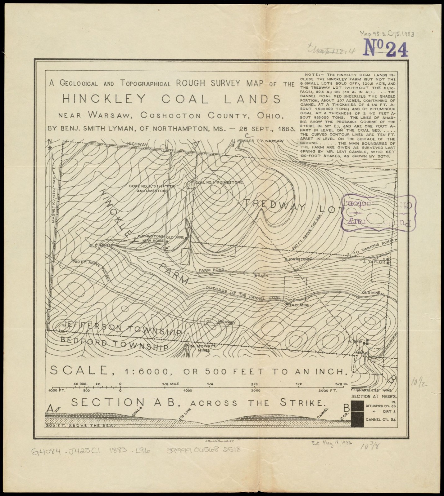 A geological and topographical rough survey map of the Hinckley Coal Lands near Warsaw, Coshocton County, Ohio, Boston Public Library - undated