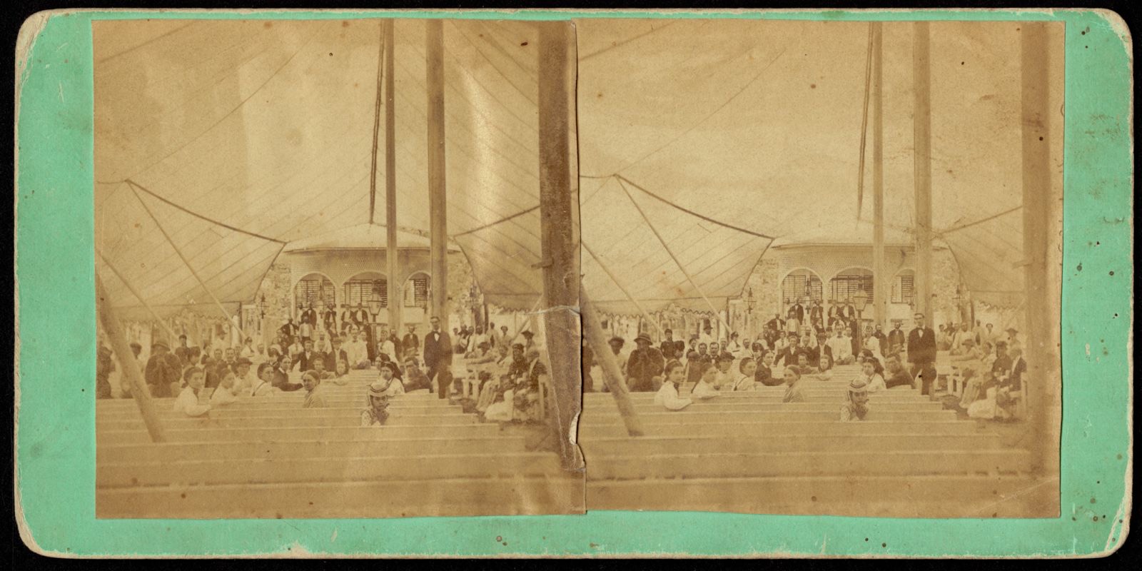Interior view of people in a large tent in Martha's Vineyard, Boston Public Library - undated