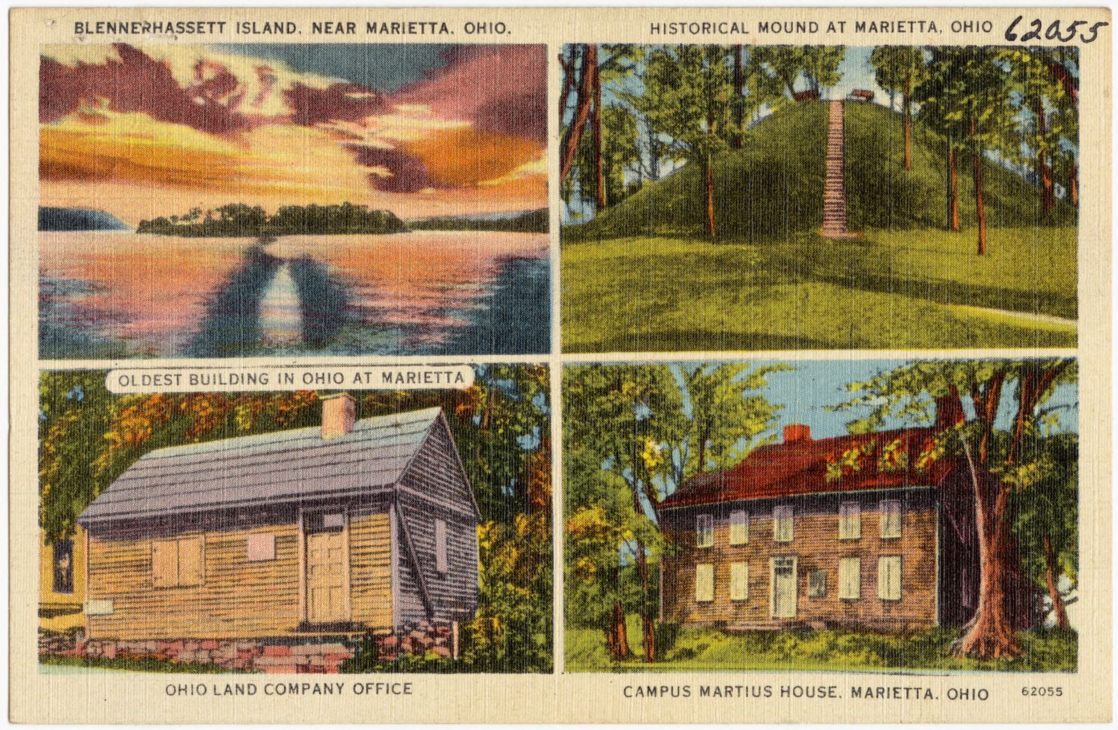 Blennerhassett Island, near Marietta, Ohio. Historical mound at Marietta, Ohio. Oldest building in Ohio at Marietta, Ohio Land Company Office. Campus Martius House, Marietta, Ohio, Boston Public Library - undated