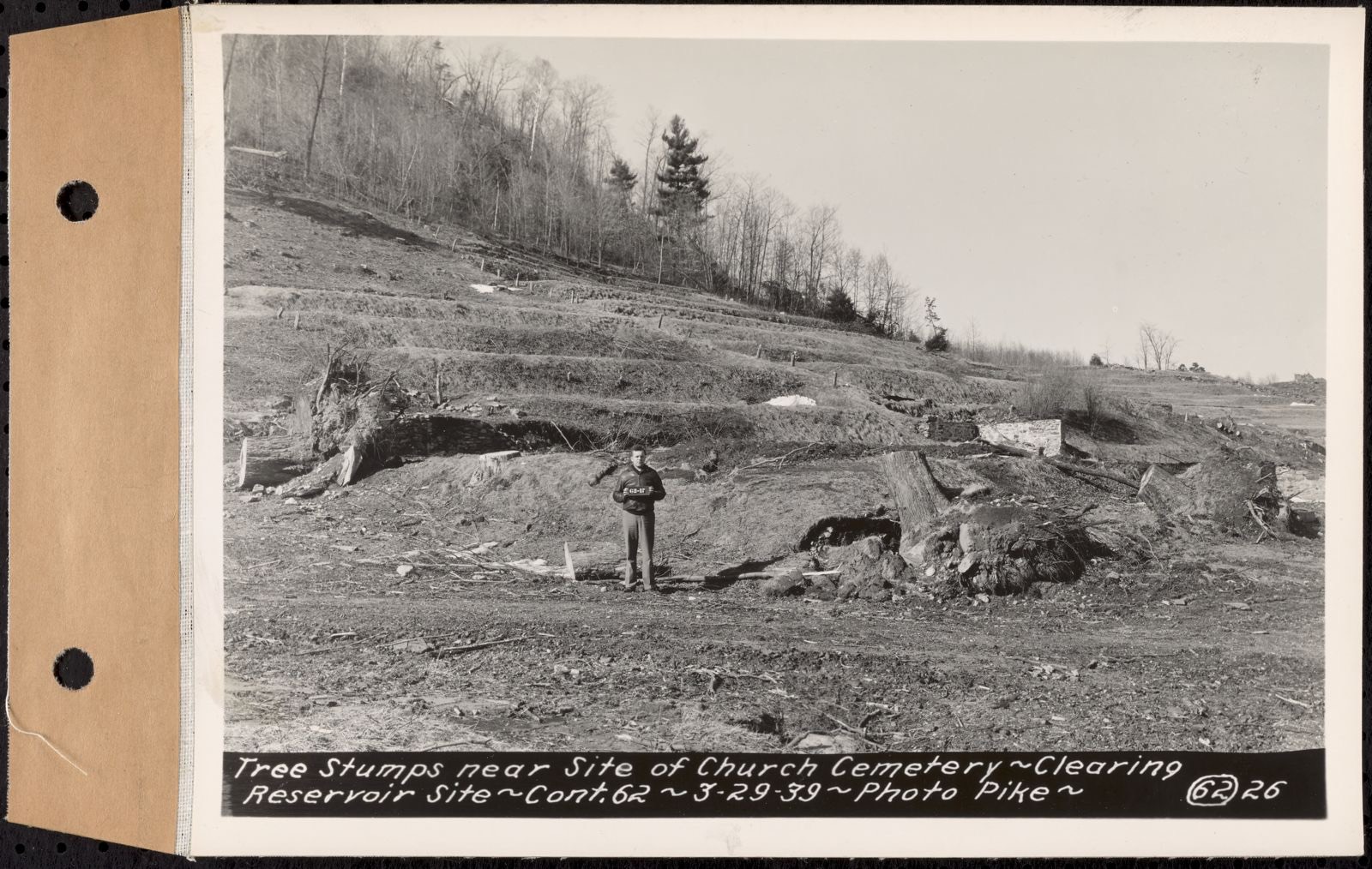 Contract No. 62, Clearing Lower Middle and East Branches, Quabbin Reservoir, Ware, New Salem, Petersham and Hardwick, tree stumps near site of Church Cemetery, Enfield and Ware, Mass., Mar. 29, 1939, Massachusetts Archives - undated