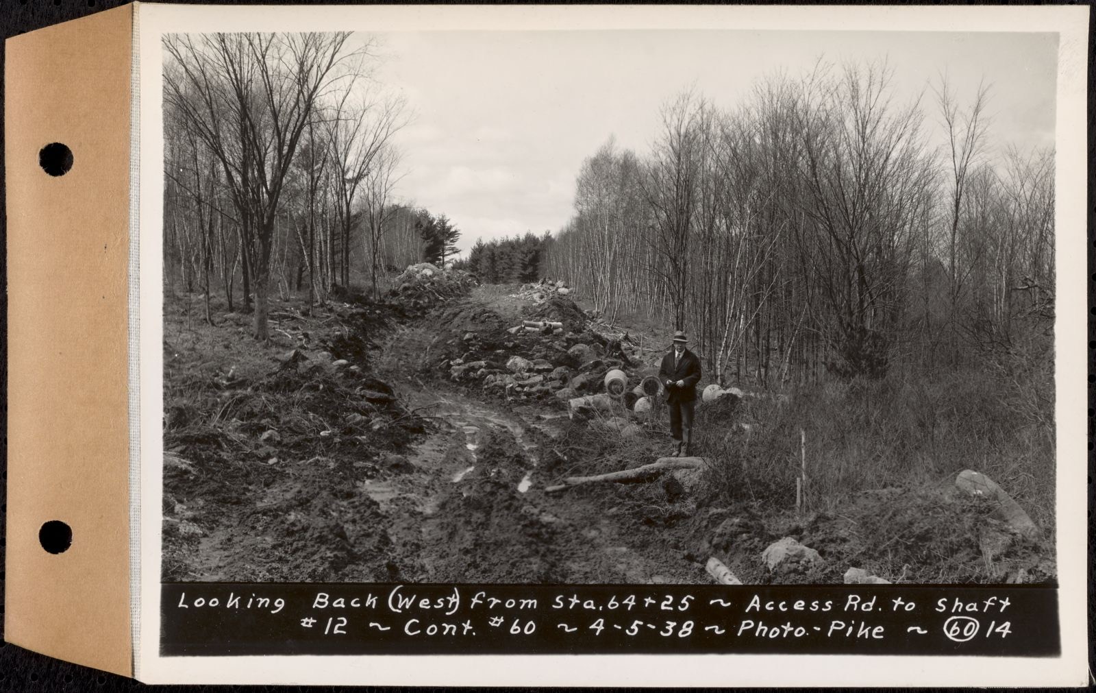 Contract No. 60, Access Roads to Shaft 12, Quabbin Aqueduct, Hardwick and Greenwich, looking back (west) from Sta. 64+25, Greenwich and Hardwick, Mass., Apr. 5, 1938, Massachusetts Archives - undated