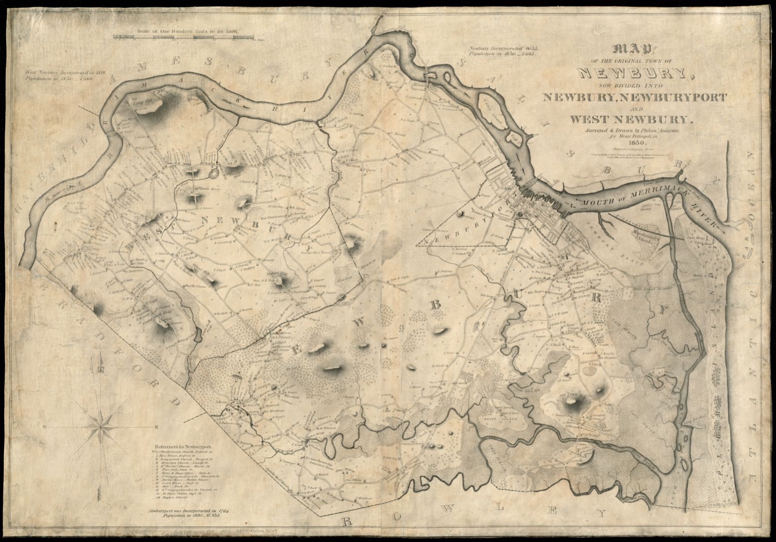 Map of the original town of Newbury, now divided into Newbury, Newburyport and West Newbury, Boston Public Library - undated