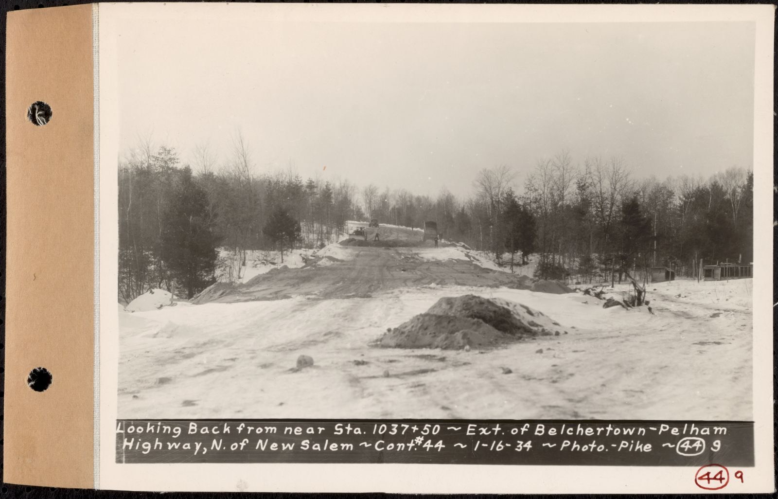 Contract No. 44, Extension of Belchertown-Pelham Highway, New Salem, Orange, looking back from near Sta. 1037+50, New Salem, Mass., Jan. 16, 1934, Massachusetts Archives - undated