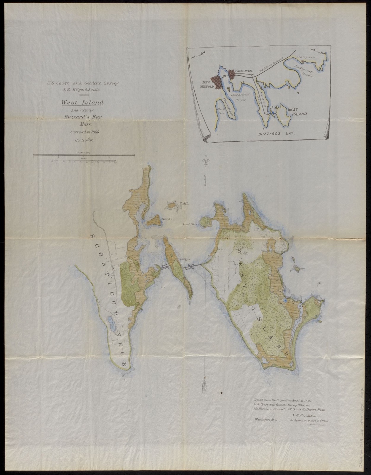 West Island and vicinity, Buzzard's Bay, Mass. surveyed in 1845 ; copied from the original in archives of the U.S. Coast and Geodetic Survey Office, for Mr. Horace S. Crowell, 27 State St. Boston, Mass., Boston Public Library - undated