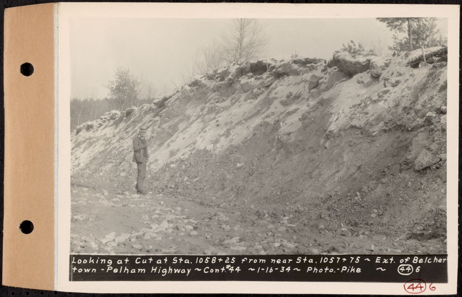 Contract No. 44, Extension of Belchertown-Pelham Highway, New Salem, Orange, looking at cut at Sta. 1058+25 from near Sta. 1057+75, New Salem, Mass., Jan. 16, 1934, Massachusetts Archives - undated