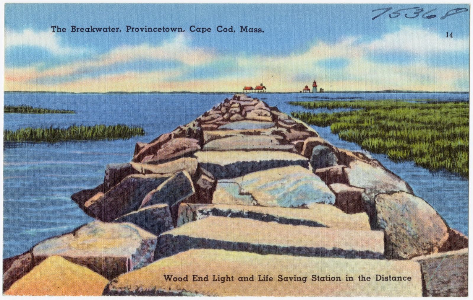 The breakwater, Provincetown, Cape Cod, Mass., Wood End Light and Life Saving Station in the distance., Boston Public Library - undated