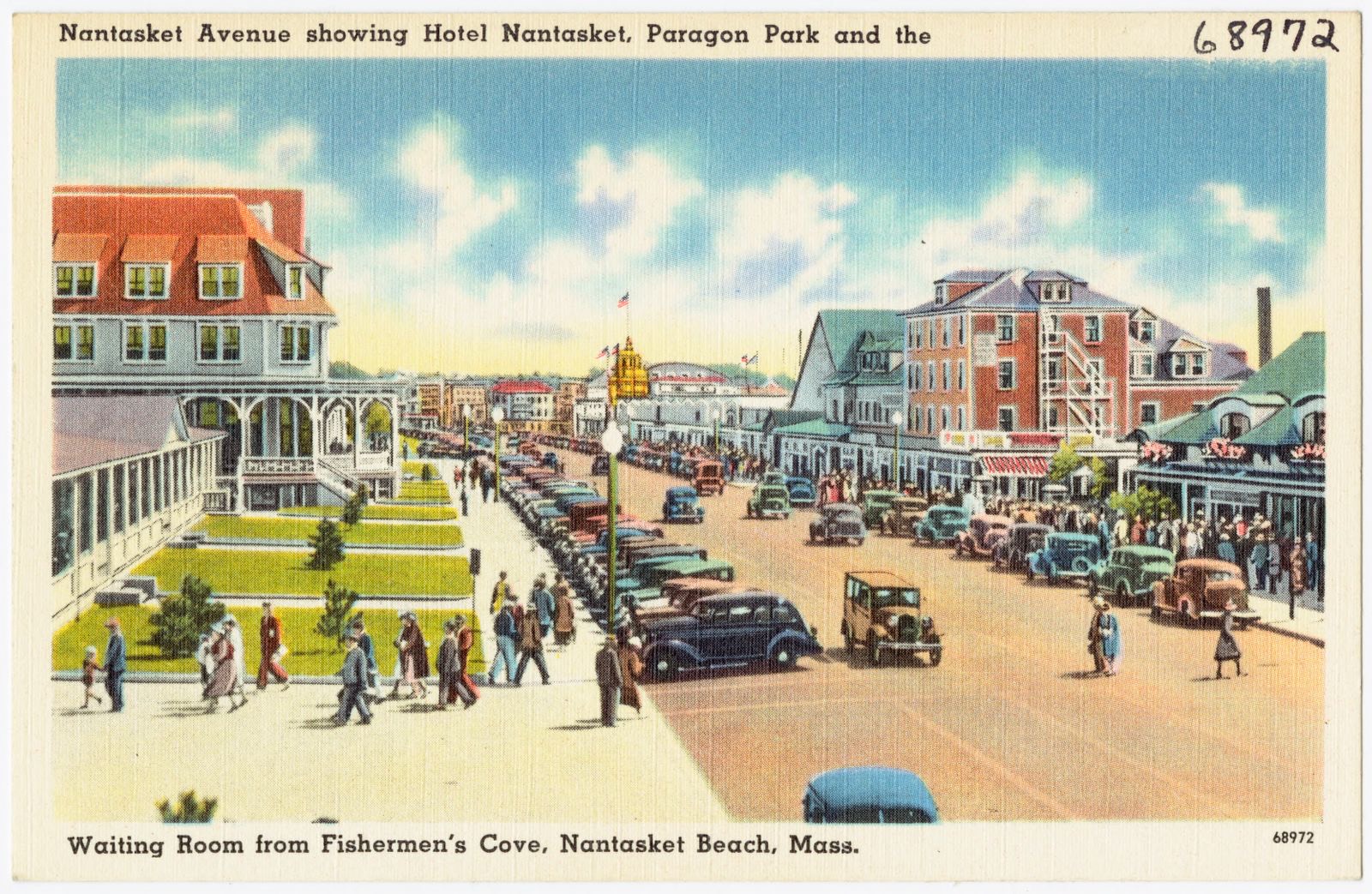 Nantasket Avenue showing Hotel Nantasket, Paragon Park and the waiting room from Fishermen's Cove, Nantasket Beach, Mass., Boston Public Library - undated