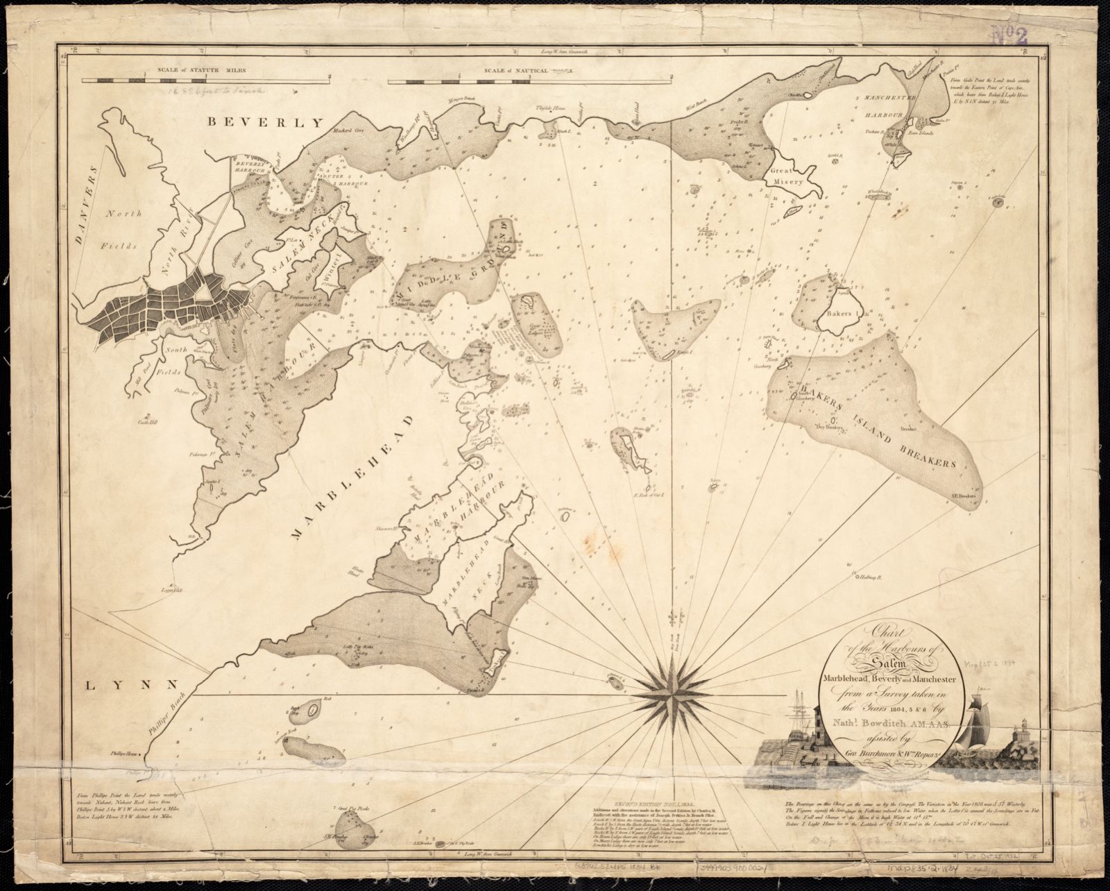 Chart of the harbours of Salem, Marblehead, Beverly and Manchester from a survey taken in the years 1804, 5 & 6, Boston Public Library - undated