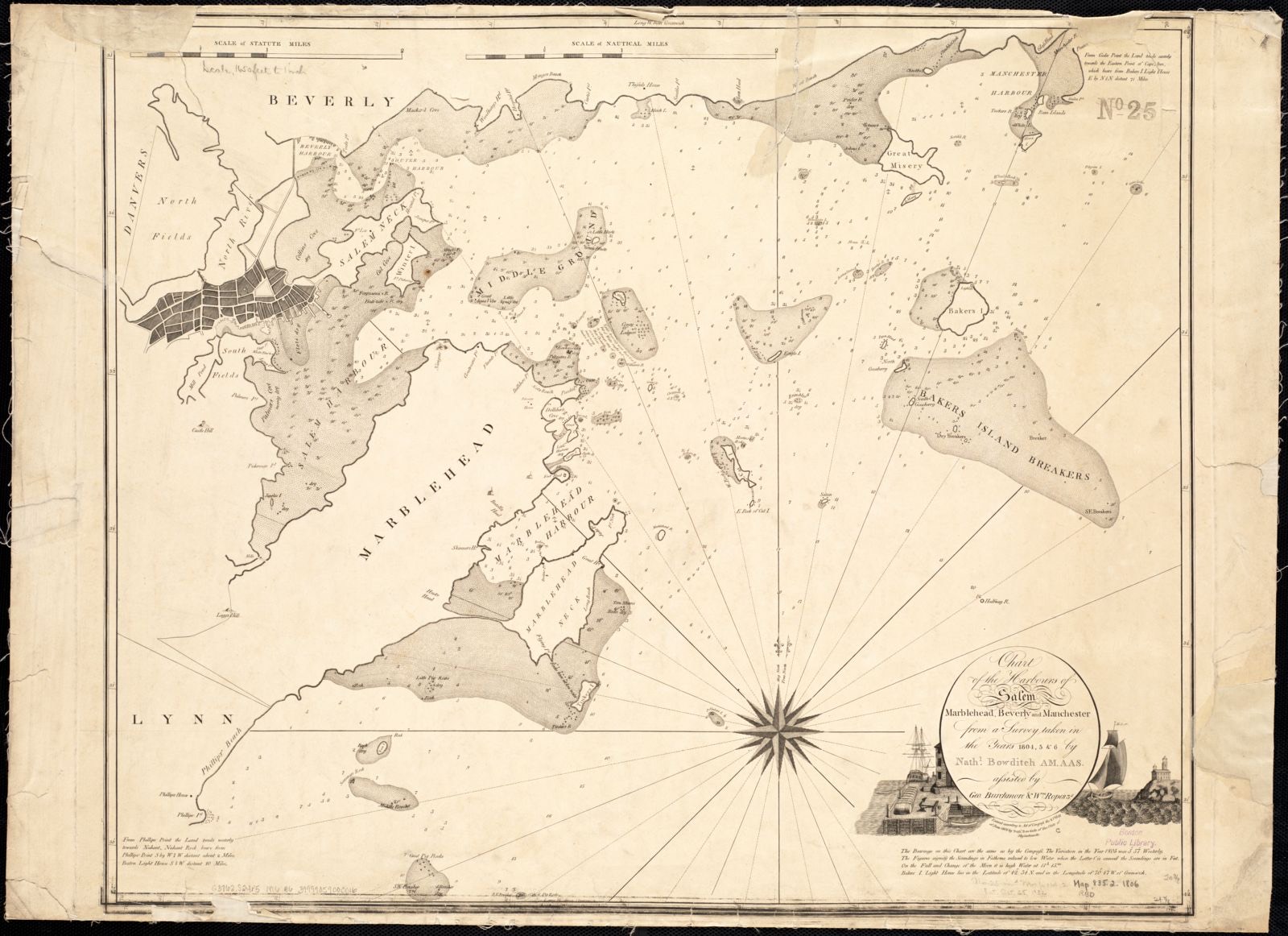 Chart of the harbours of Salem, Marblehead, Beverly, and Manchester from a survey taken in the years 1804, 5 & 6, Boston Public Library - undated