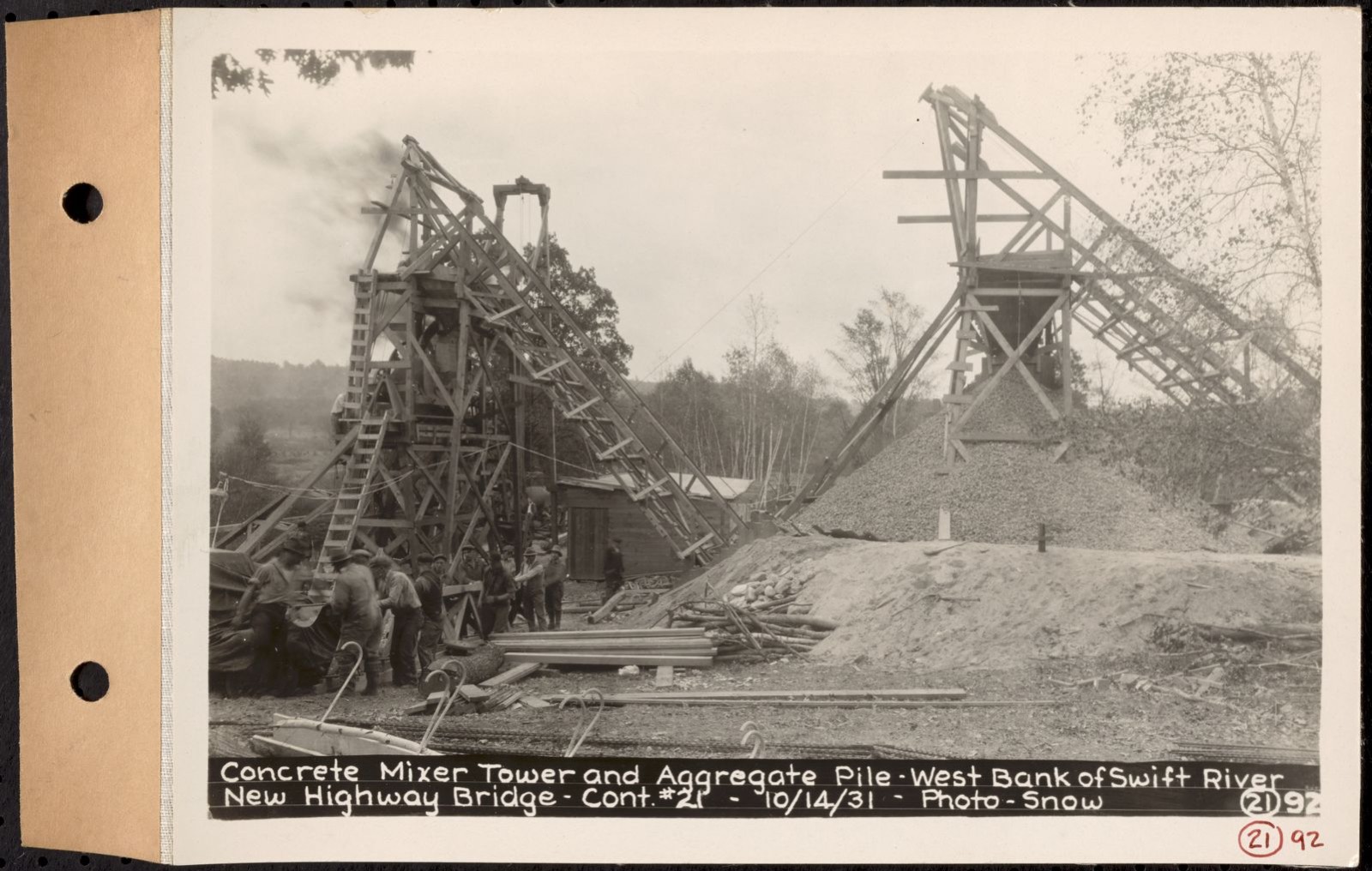 Contract No. 21, Portion of Ware-Belchertown Highway, Ware and Belchertown, concrete mixer tower and aggregate pile, West bank of Swift River, new highway bridge, Ware and Belchertown, Mass., Oct. 14, 1931, Massachusetts Archives - undated
