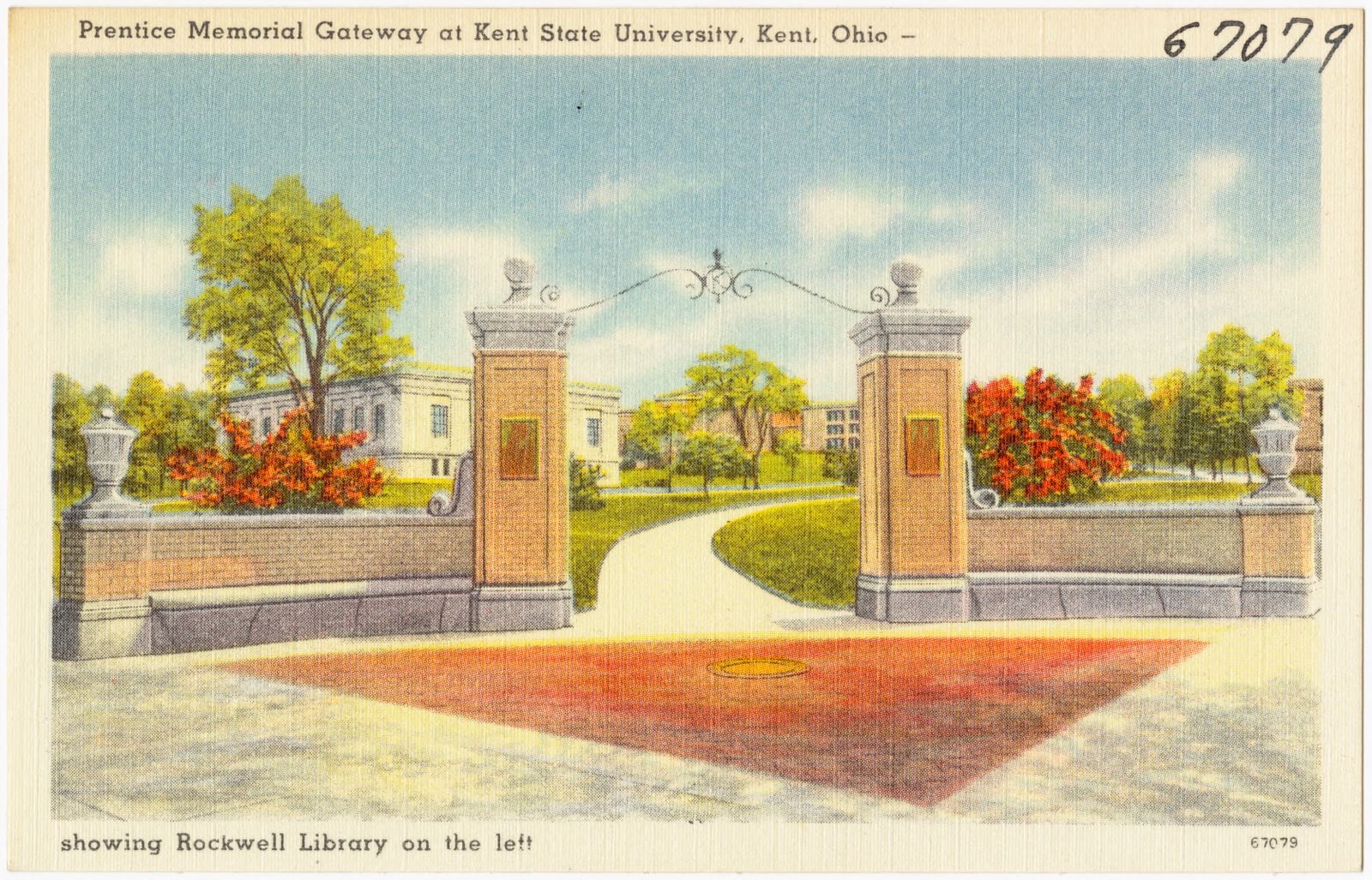 Prentice Memorial Gateway at Kent State University, Kent, Ohio - showing Rockwell Library on the left, Boston Public Library - undated