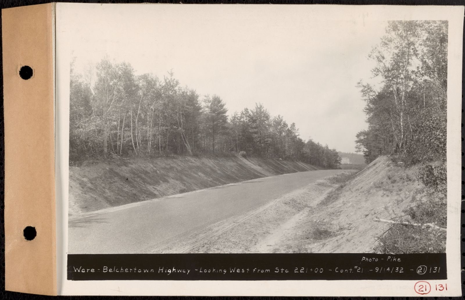 Contract No. 21, Portion of Ware-Belchertown Highway, Ware and Belchertown, Ware-Belchertown highway, looking west from Sta. 221+00, Ware and Belchertown, Mass., Sep. 14, 1932, Massachusetts Archives - undated