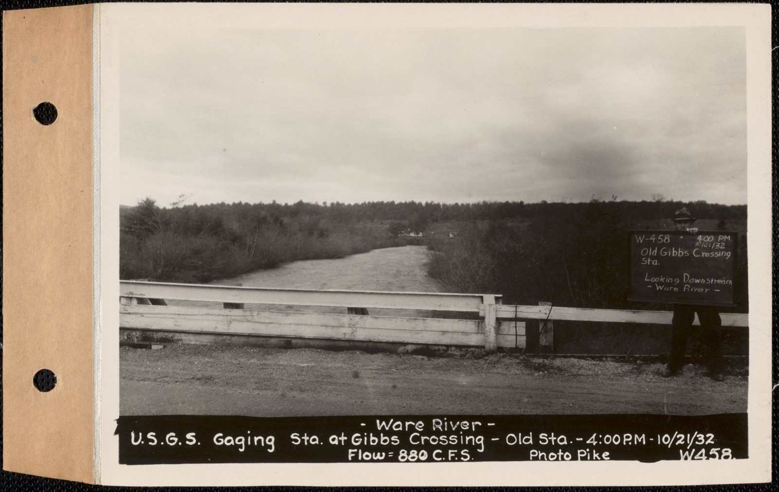 Ware River, United States Geological Survey (U.S.G.S.) Gaging Station at Gibbs Crossing, old station, flow = 880 cubic feet per second, Thorndike, Palmer, Mass., 4:00 PM, Oct. 21, 1932, Massachusetts Archives - undated