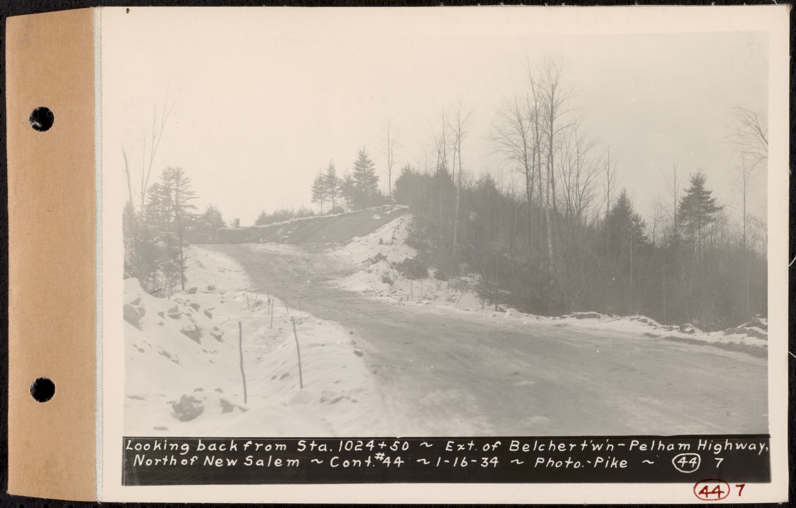 Contract No. 44, Extension of Belchertown-Pelham Highway, New Salem, Orange, looking back from Sta. 1024+50, New Salem, Mass., Jan. 16, 1934, Massachusetts Archives - undated
