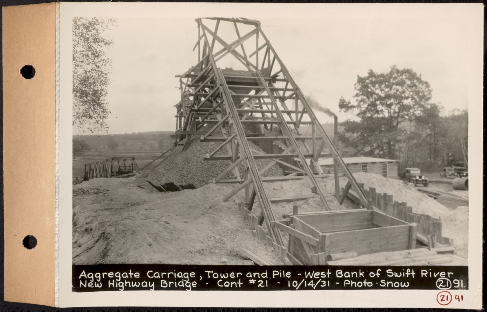 Contract No. 21, Portion of Ware-Belchertown Highway, Ware and Belchertown, aggregate carriage, tower and pile, west bank of Swift River, new highway bridge, Ware and Belchertown, Mass., Oct. 14, 1931, Massachusetts Archives - undated