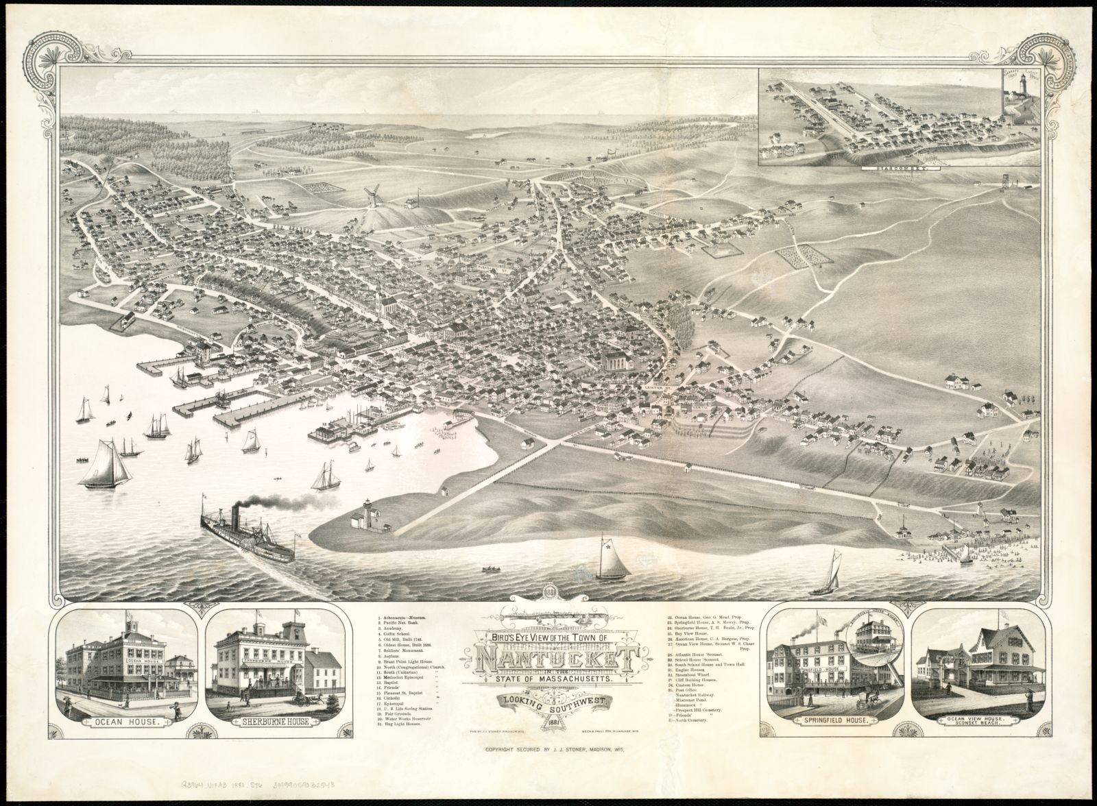 Bird's eye view of the town of Nantucket in the State of Massachusetts looking southwest : 1881, Boston Public Library - undated