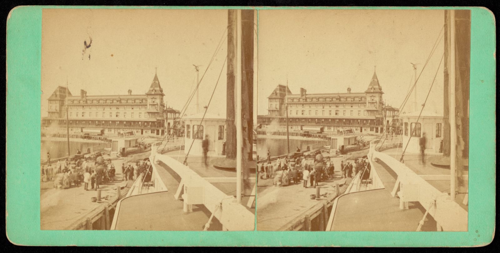 Ship at the wharf at Oak Bluffs, with Sea View House resort visible in the background, Boston Public Library - undated