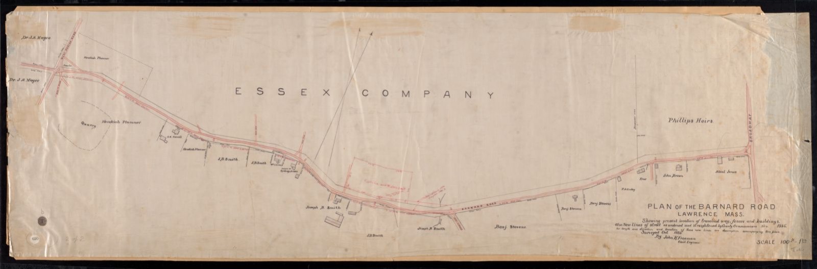 Plan of the Barnard Road Lawrence Mass. Showing present location of travelled way, fences and buildings, also new lines of street as widened and straightened by County Commissioners Nov. 1885, Lawrence Public Library - undated