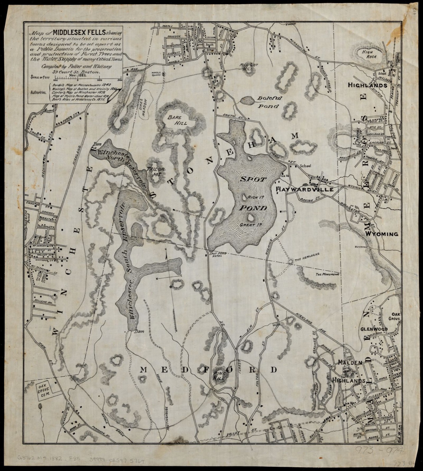 Map of Middlesex Fells showing the territory situated in various towns designed to be set apart as a public domain for the preservation and production of forest trees and the water supply of many cities & towns, Boston Public Library - undated