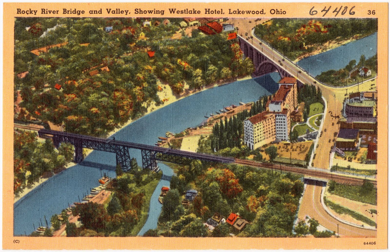Rocky River Bridge and valley, showing Westlake Hotel, Lakewood, Ohio, Boston Public Library - undated