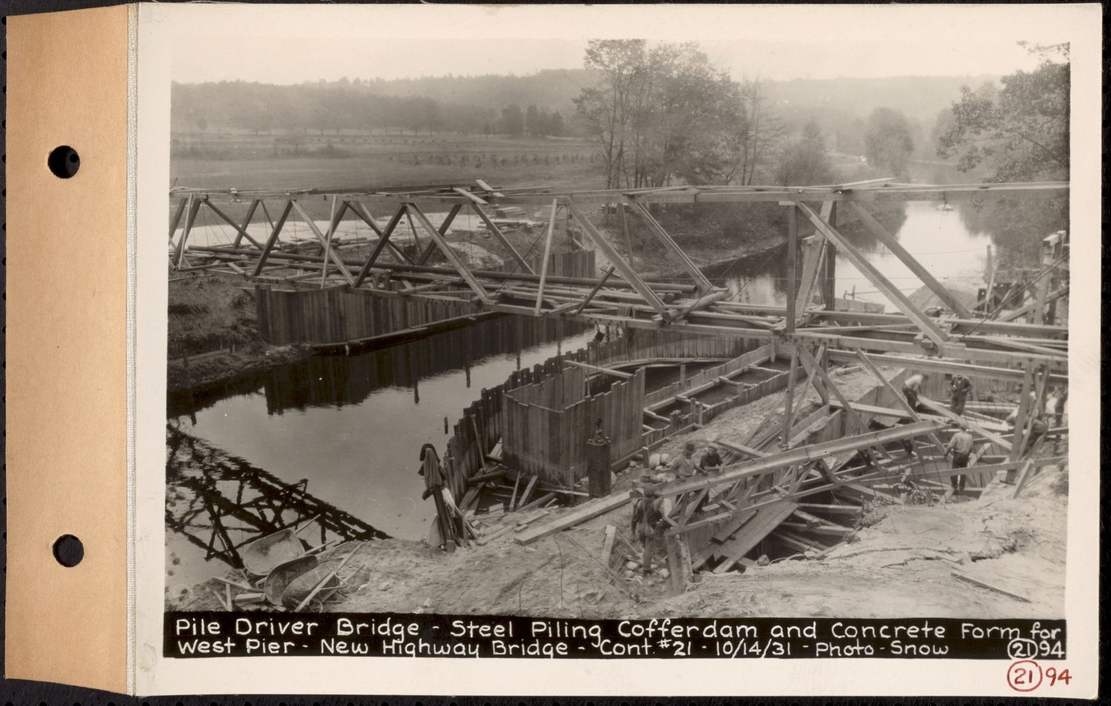 Contract No. 21, Portion of Ware-Belchertown Highway, Ware and Belchertown, pile driver bridge, steel piling, cofferdam and concrete form for west pier, new highway bridge, Ware and Belchertown, Mass., Oct. 14, 1931, Massachusetts Archives - undated