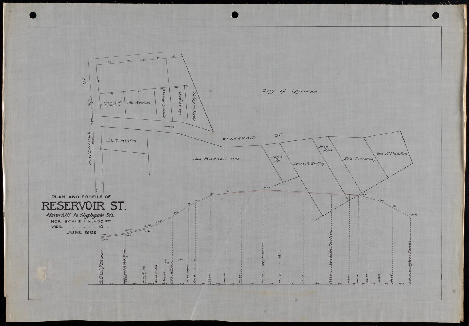 Plan and profile of Reservoir St., Haverhill to Highgate Sts., Lawrence Public Library - undated