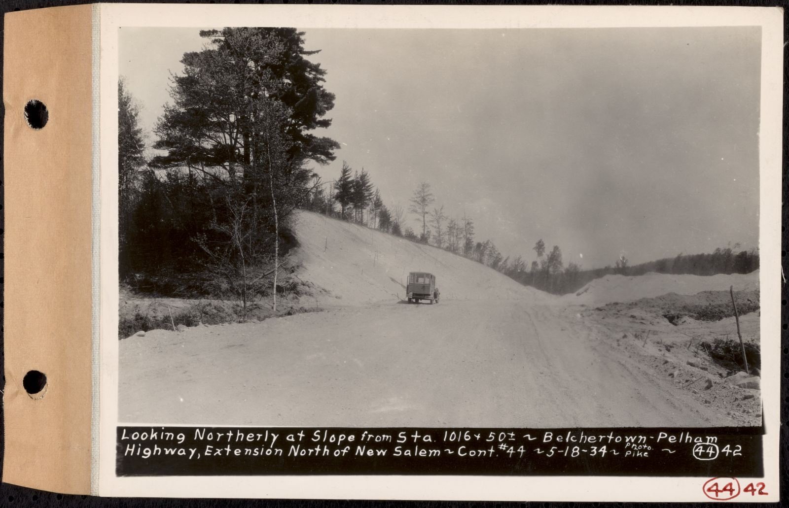 Contract No. 44, Extension of Belchertown-Pelham Highway, New Salem, Orange, looking northerly at slope from Sta. 1016+50, New Salem, Mass., May 18, 1934, Massachusetts Archives - undated