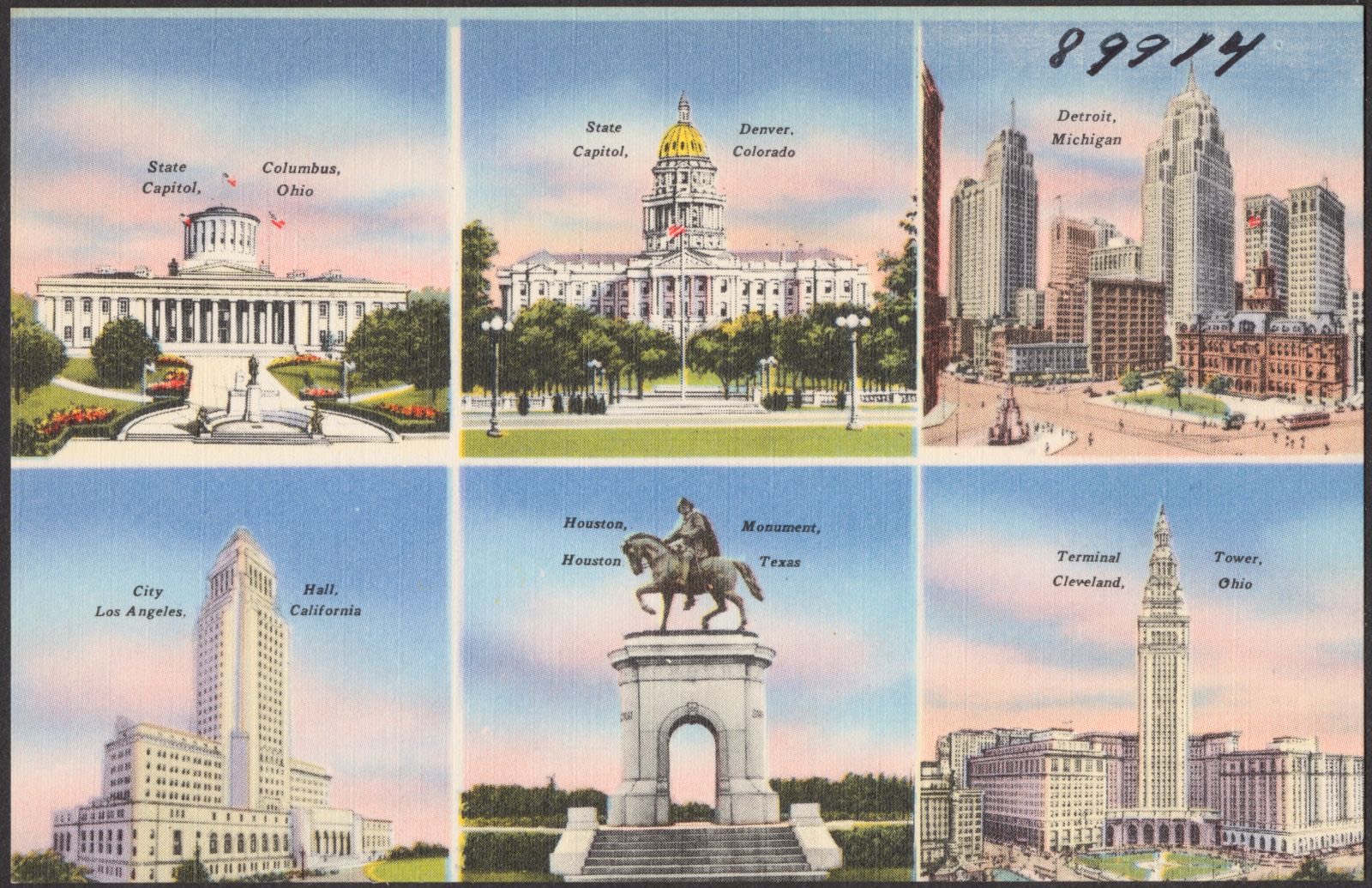 State capitol, Columbus, Ohio. State capitol, Denver, Colorado. Detroit, Michigan. City hall, Los Angeles, California. Houston monument, Houston, Texas. Terminal Tower, Cleveland, Ohio, Boston Public Library - undated