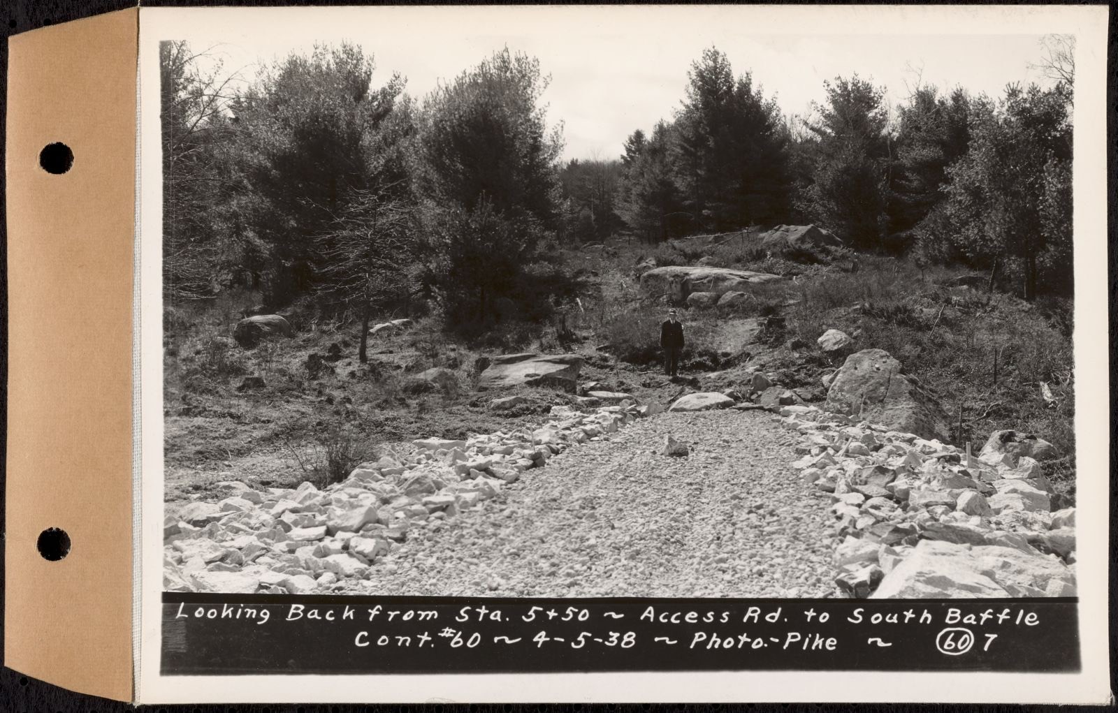 Contract No. 60, Access Roads to Shaft 12, Quabbin Aqueduct, Hardwick and Greenwich, looking back from Sta. 5+50, access road to south baffle, Greenwich and Hardwick, Mass., Apr. 5, 1938, Massachusetts Archives - undated