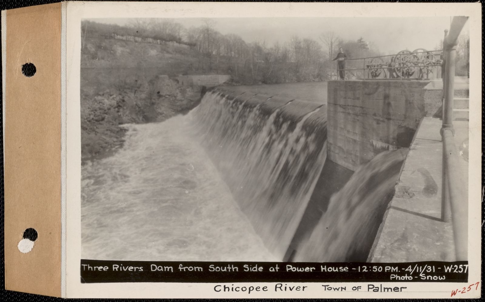 Three Rivers Dam from south side at power house (hydroelectric station), Chicopee River, Palmer, Mass., 12:50 PM, Apr. 11, 1931, Massachusetts Archives - undated